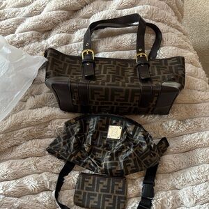 Brown FF Logo Canvas Tote and Crossbody 3 pcs Set